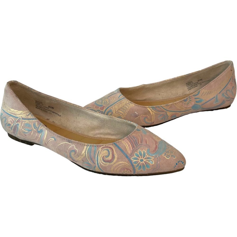 Me Too Aimee Pink Metallic Print Almond Toe Slip On Ballerina Flats Size 6.5W